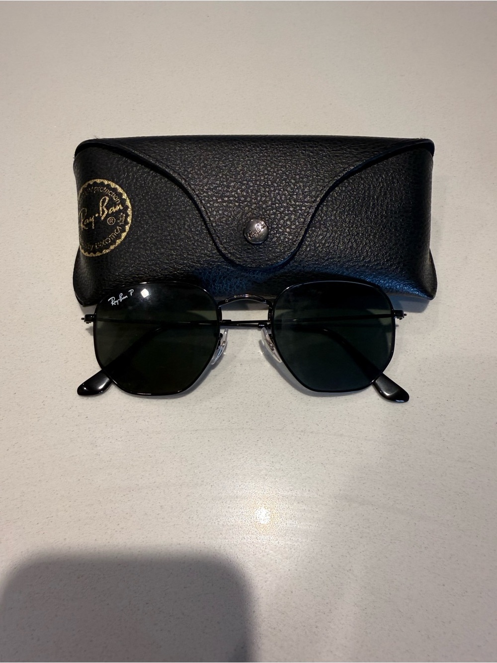 Ray-Ban Black Polarized Metal Hexagon Sunglasses with Dark Green Lenses